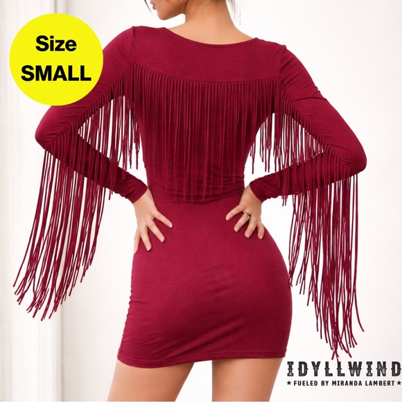 Idyllwind Dresses & Skirts - IDYLLWIND 🤠 Burgundy Fringe Long Sleeve Mini Dress (Women’s Size Small)